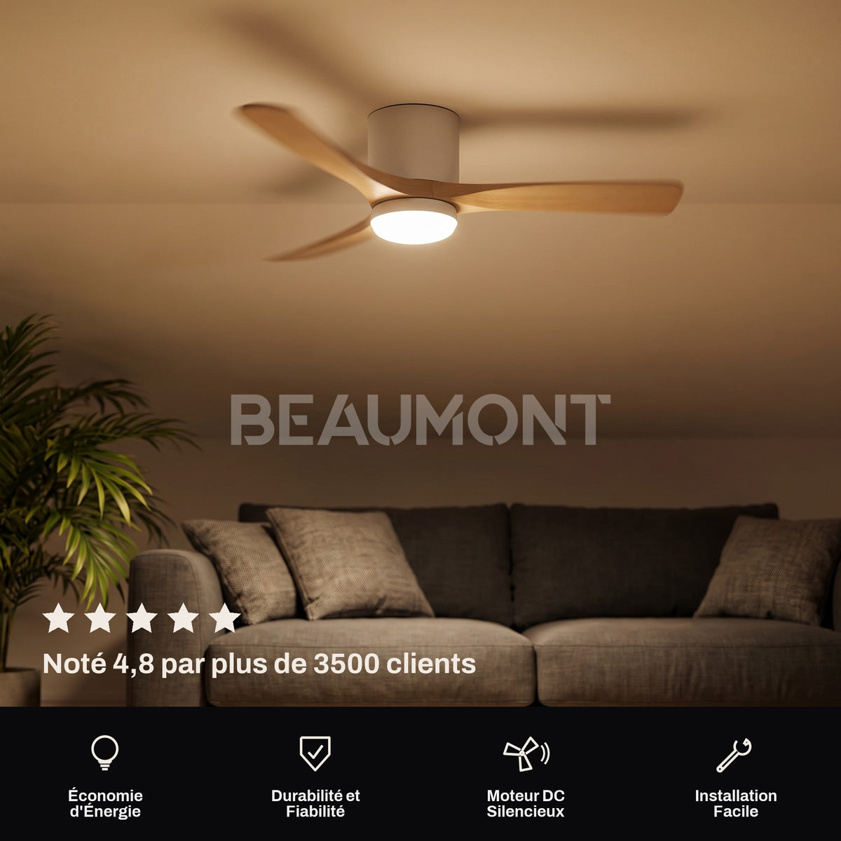 Ventilateur de Plafond en Bois Massif Silencieux pour Chambre Avec Lumière LED, Télécommande, Commande Murale et Réversible Été/Hiver - Ormelle
