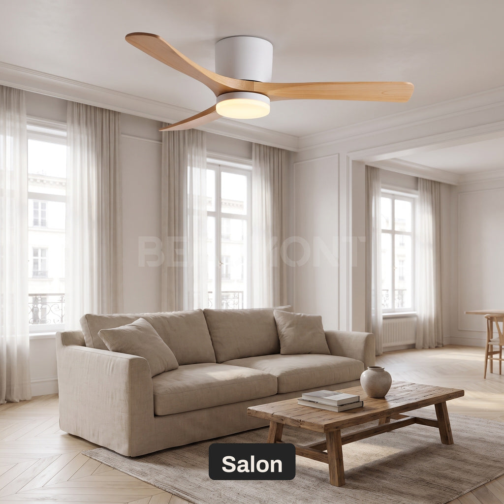 Ventilateur de Plafond en Bois Massif Silencieux pour Chambre Avec Lumière LED, Télécommande, Commande Murale et Réversible Été/Hiver - Ormelle