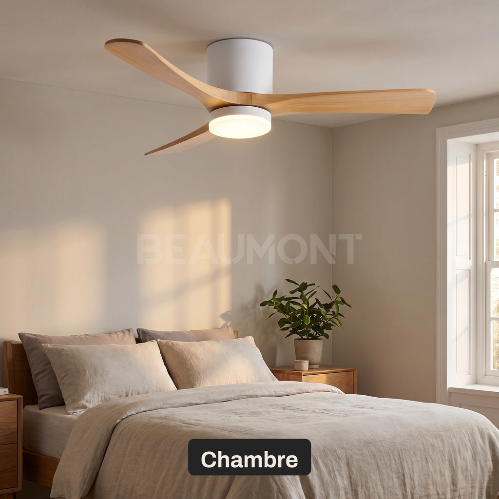 Ventilateur de Plafond en Bois Massif Silencieux pour Chambre Avec Lumière LED, Télécommande, Commande Murale et Réversible Été/Hiver - Ormelle