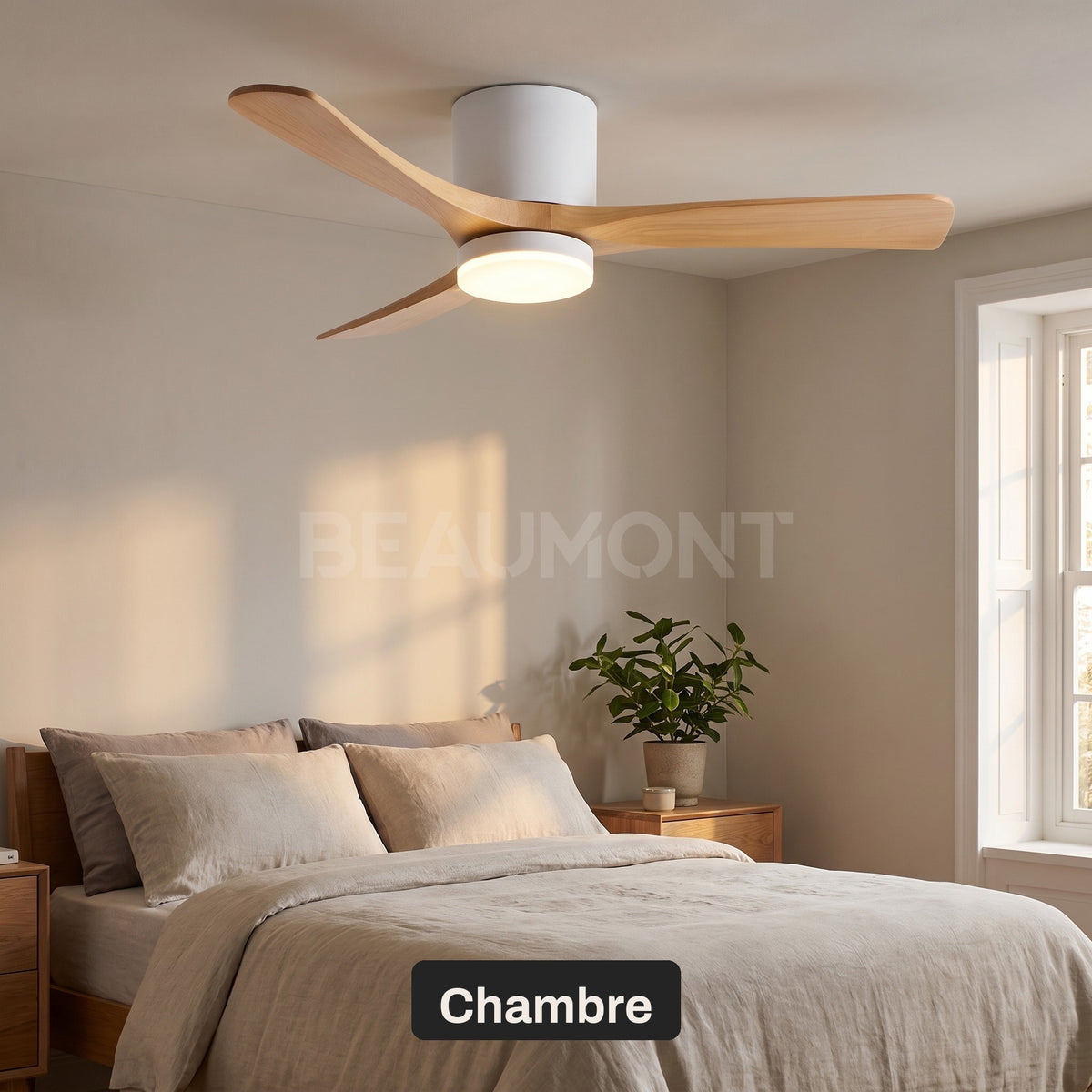 Ventilateur de Plafond en Bois Massif Silencieux pour Chambre Avec Lumière LED, Télécommande, Commande Murale et Réversible Été/Hiver - Ormelle