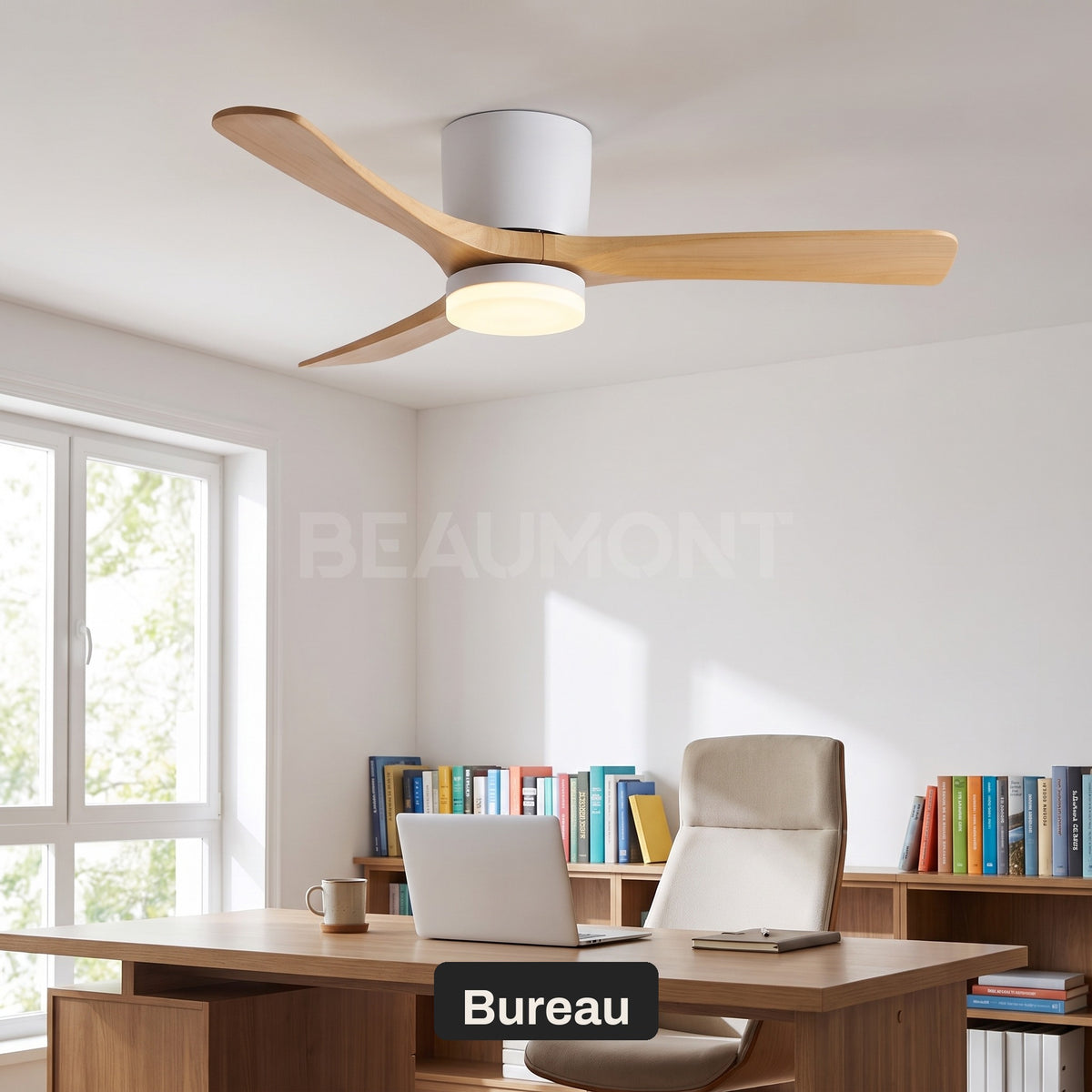 Ventilateur de Plafond en Bois Massif Silencieux pour Chambre Avec Lumière LED, Télécommande, Commande Murale et Réversible Été/Hiver - Ormelle