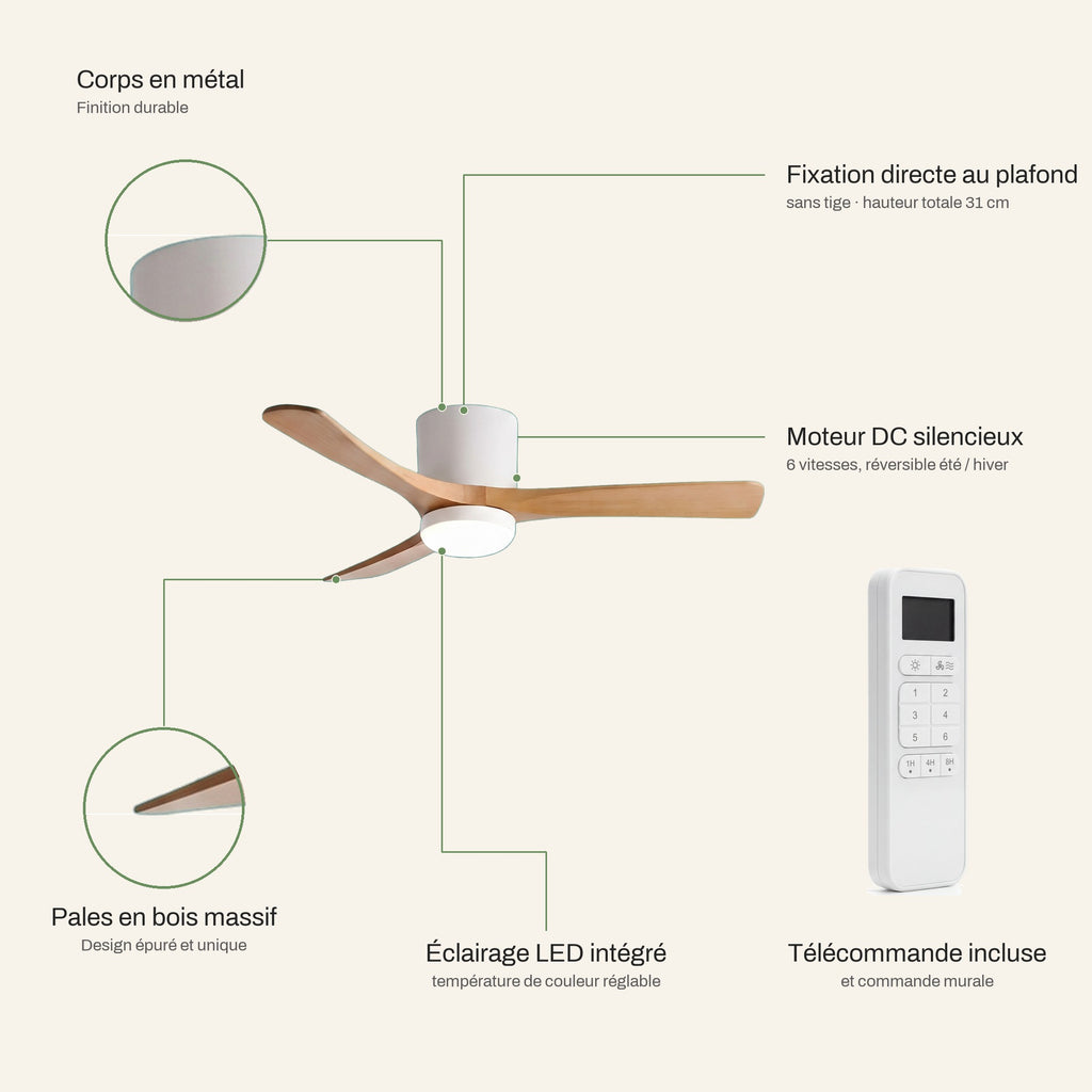 Ventilateur de Plafond en Bois Massif Silencieux pour Chambre Avec Lumière LED, Télécommande, Commande Murale et Réversible Été/Hiver - Ormelle