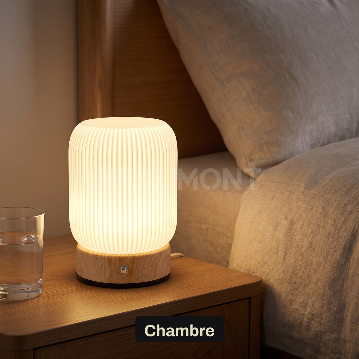 Petite Lampe de Chevet Tactile Sans Fil Rechargeable, Blanche avec Socle Effet Bois et Variateur, pour Chambre Adulte ou Enfant - Léocadie