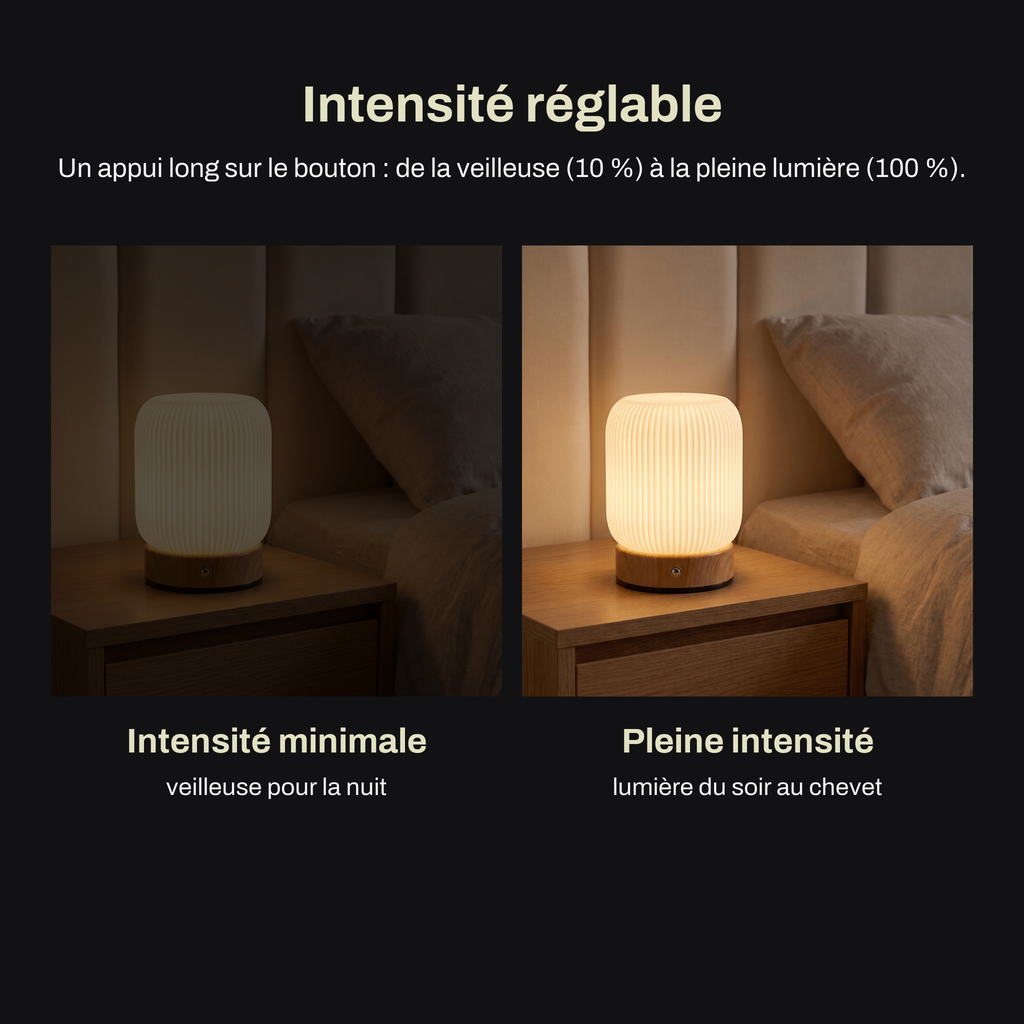 Petite Lampe de Chevet Tactile Sans Fil Rechargeable, Blanche avec Socle Effet Bois et Variateur, pour Chambre Adulte ou Enfant - Léocadie