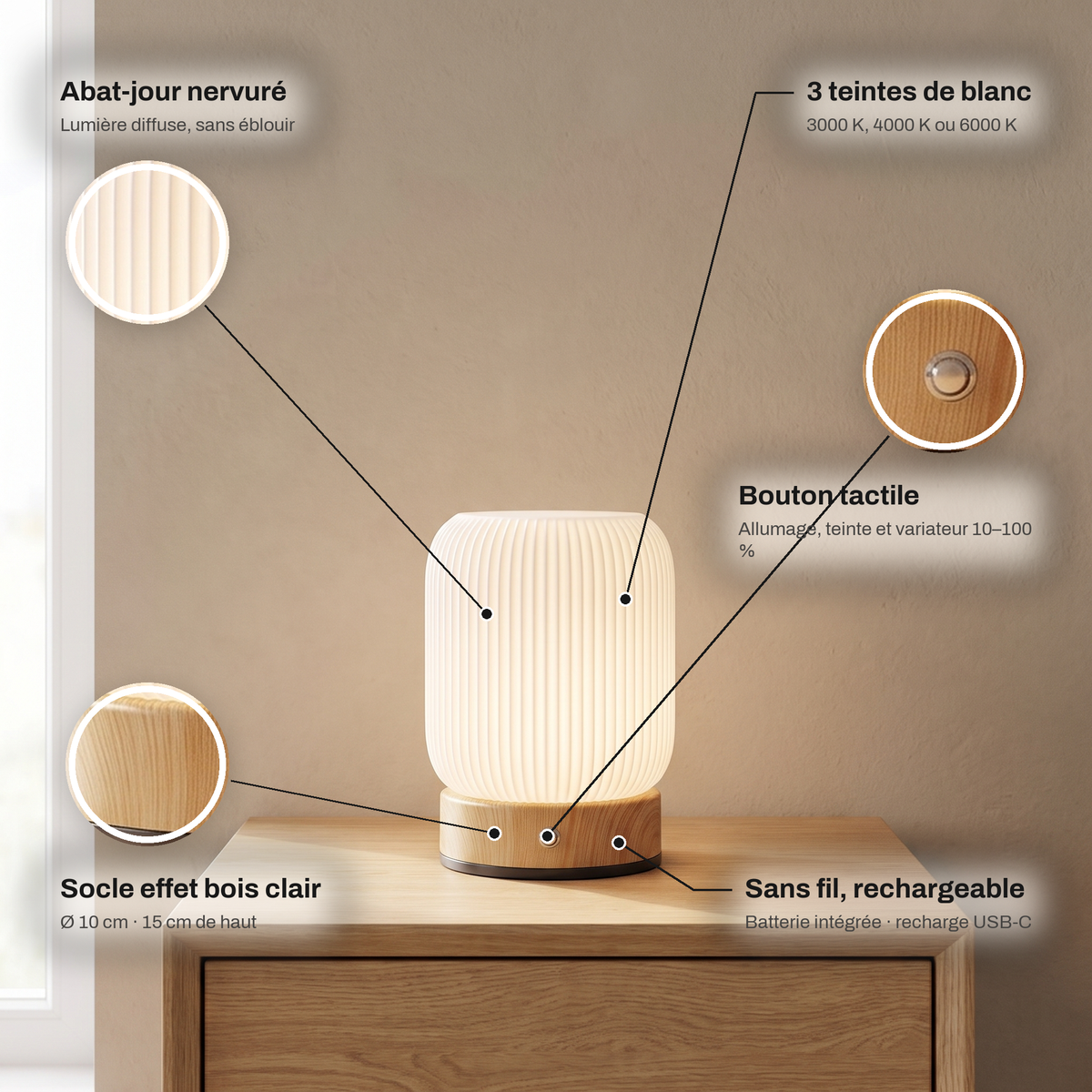 Petite Lampe de Chevet Tactile Sans Fil Rechargeable, Blanche avec Socle Effet Bois et Variateur, pour Chambre Adulte ou Enfant - Léocadie