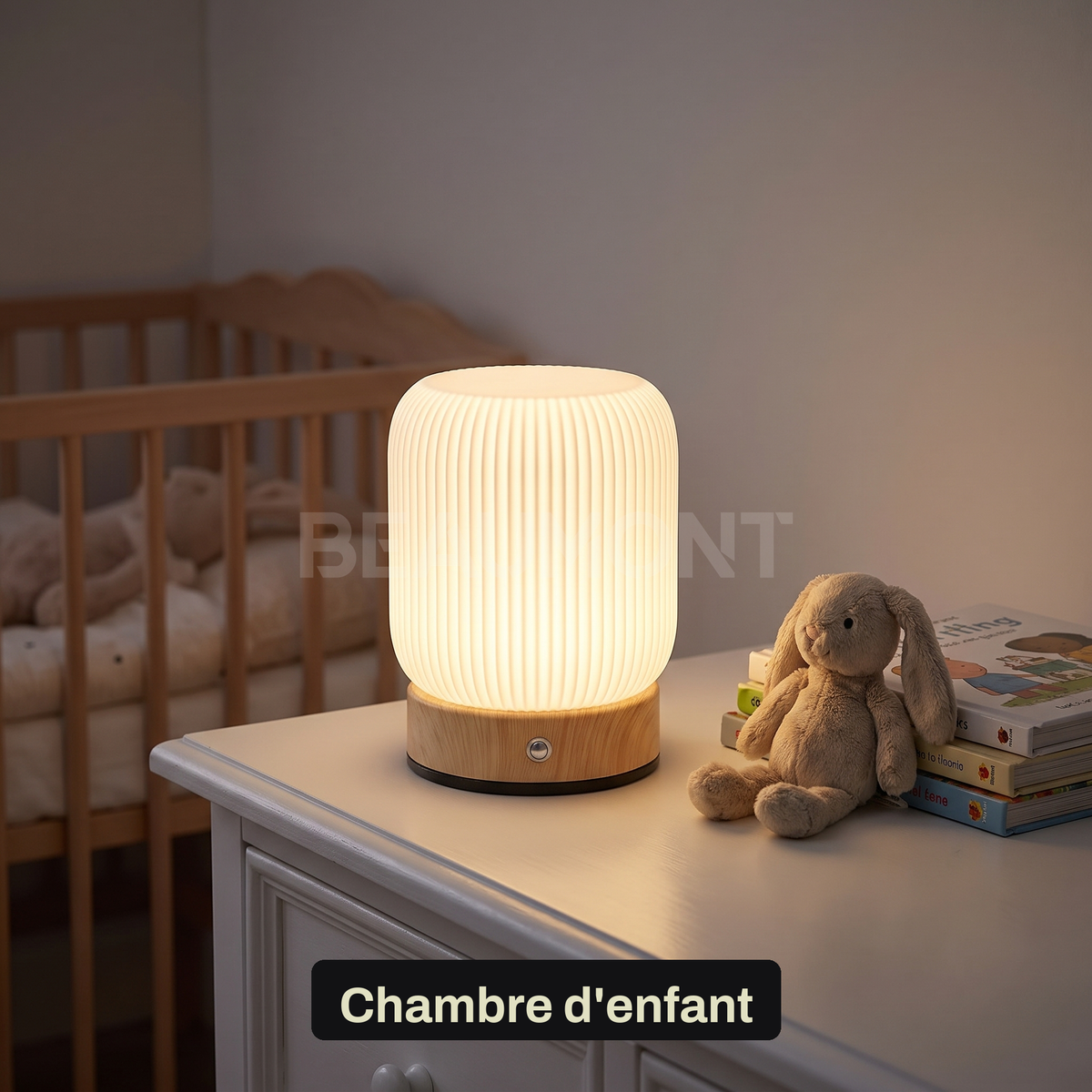 Petite Lampe de Chevet Tactile Sans Fil Rechargeable, Blanche avec Socle Effet Bois et Variateur, pour Chambre Adulte ou Enfant - Léocadie