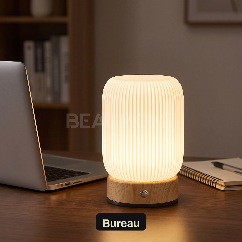 Petite Lampe de Chevet Tactile Sans Fil Rechargeable, Blanche avec Socle Effet Bois et Variateur, pour Chambre Adulte ou Enfant - Léocadie