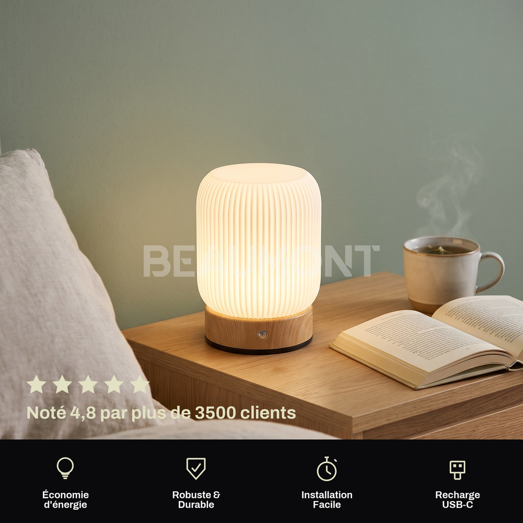 Petite Lampe de Chevet Tactile Sans Fil Rechargeable, Blanche avec Socle Effet Bois et Variateur, pour Chambre Adulte ou Enfant - Léocadie