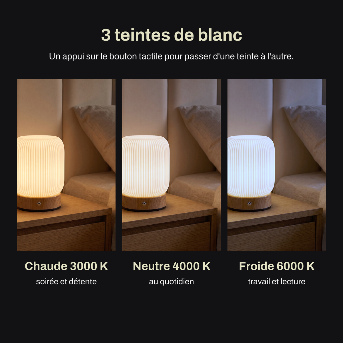 Petite Lampe de Chevet Tactile Sans Fil Rechargeable, Blanche avec Socle Effet Bois et Variateur, pour Chambre Adulte ou Enfant - Léocadie