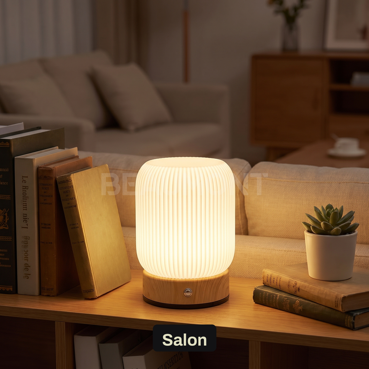 Petite Lampe de Chevet Tactile Sans Fil Rechargeable, Blanche avec Socle Effet Bois et Variateur, pour Chambre Adulte ou Enfant - Léocadie