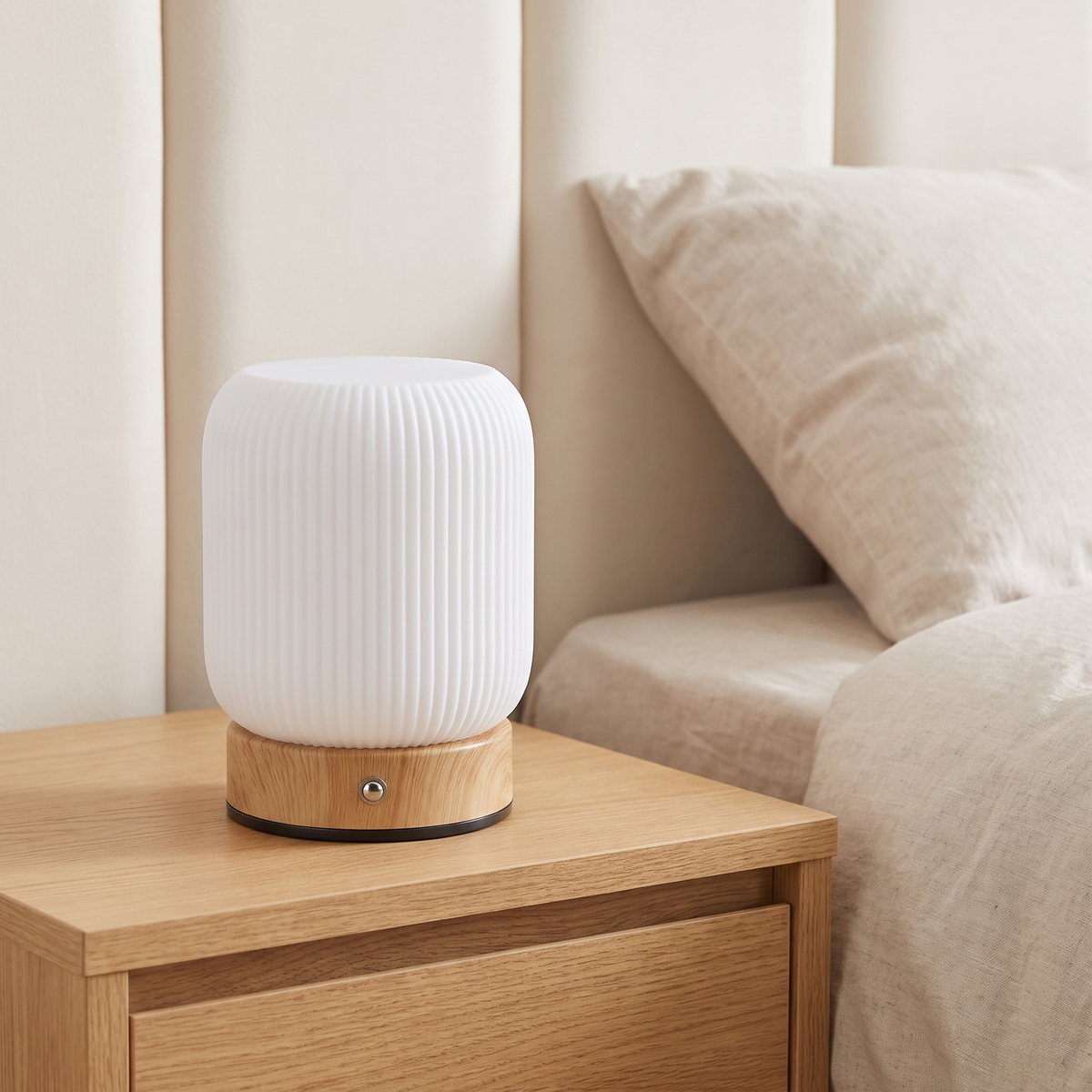 Petite Lampe de Chevet Tactile Sans Fil Rechargeable, Blanche avec Socle Effet Bois et Variateur, pour Chambre Adulte ou Enfant - Léocadie