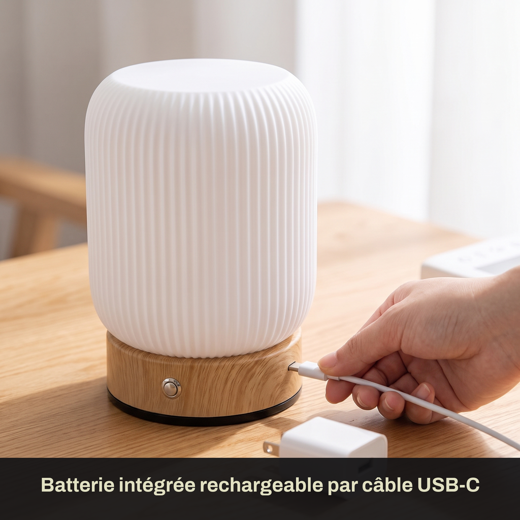 Petite Lampe de Chevet Tactile Sans Fil Rechargeable, Blanche avec Socle Effet Bois et Variateur, pour Chambre Adulte ou Enfant - Léocadie