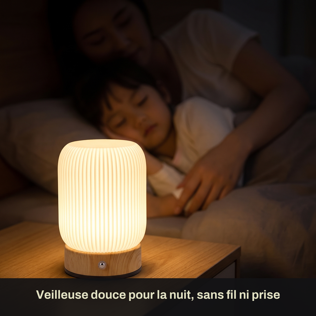Petite Lampe de Chevet Tactile Sans Fil Rechargeable, Blanche avec Socle Effet Bois et Variateur, pour Chambre Adulte ou Enfant - Léocadie