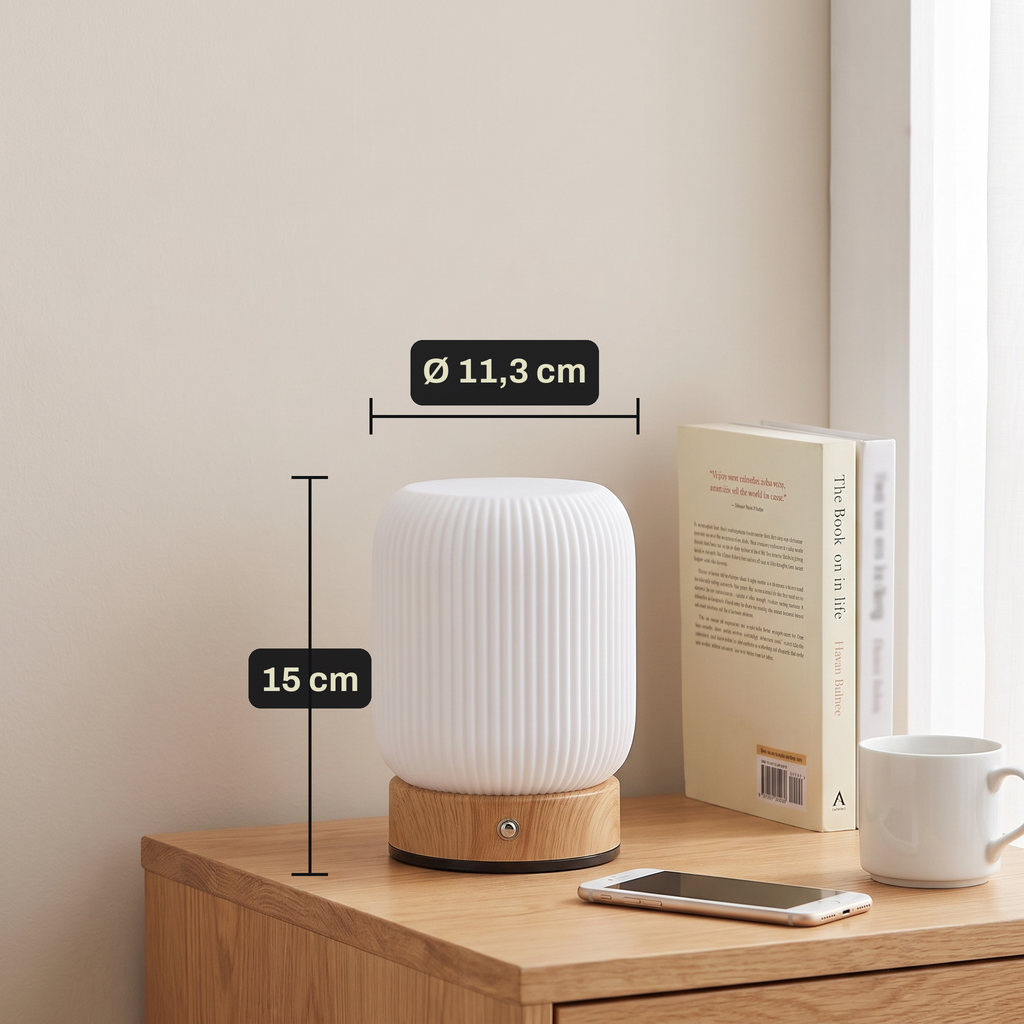 Petite Lampe de Chevet Tactile Sans Fil Rechargeable, Blanche avec Socle Effet Bois et Variateur, pour Chambre Adulte ou Enfant - Léocadie