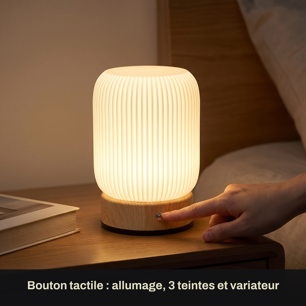 Petite Lampe de Chevet Tactile Sans Fil Rechargeable, Blanche avec Socle Effet Bois et Variateur, pour Chambre Adulte ou Enfant - Léocadie