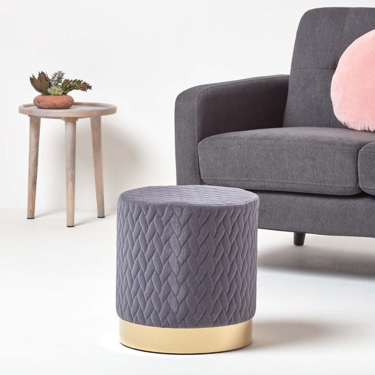 Pouf Rond en Velours Base Metal Doré