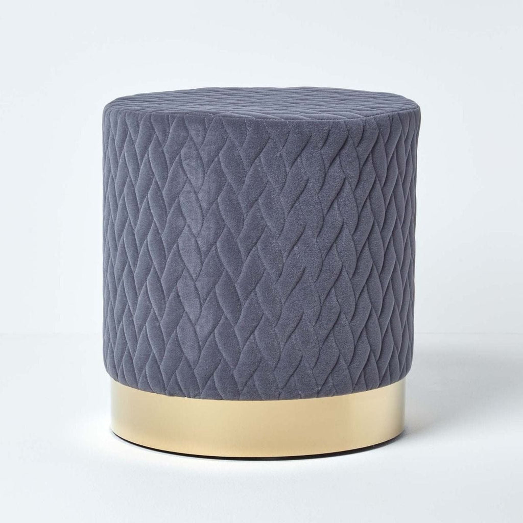 Pouf Rond en Velours Base Metal Doré Gris