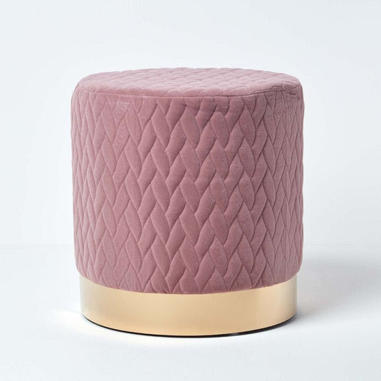 Pouf Rond en Velours Base Metal Doré Rose