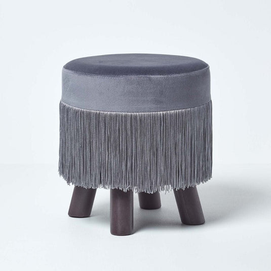 Pouf Velours Frange Gris