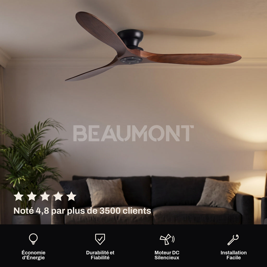 Ventilateur de Plafond en Bois Massif Silencieux Haut de Gamme Sans Lumière LED, Télécommande et Réversible Été/Hiver - Sylvane