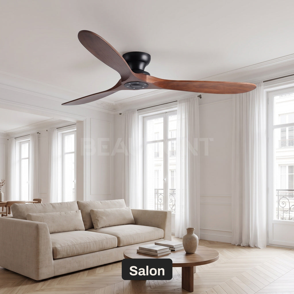 Ventilateur de Plafond en Bois Massif Silencieux Haut de Gamme Sans Lumière LED, Télécommande et Réversible Été/Hiver - Sylvane