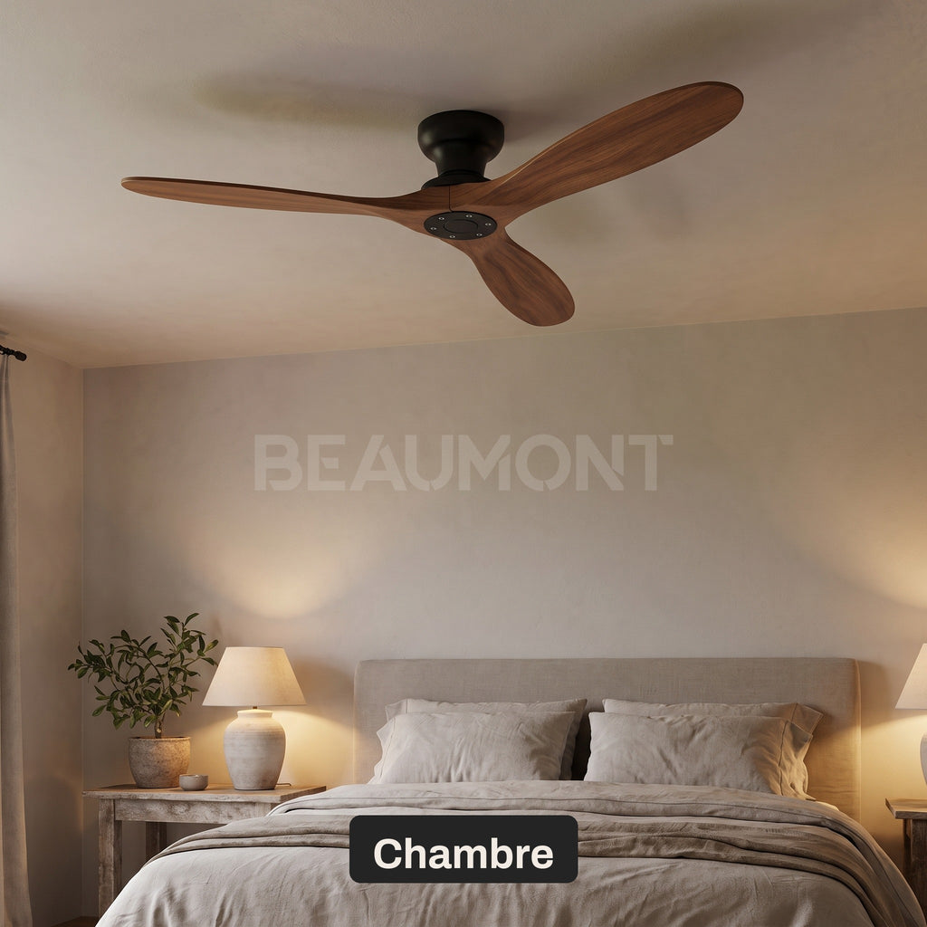 Ventilateur de Plafond en Bois Massif Silencieux Haut de Gamme Sans Lumière LED, Télécommande et Réversible Été/Hiver - Sylvane