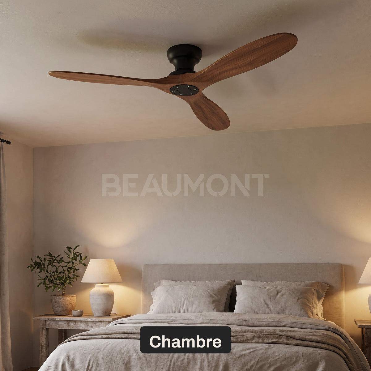 Ventilateur de Plafond en Bois Massif Silencieux Haut de Gamme Sans Lumière LED, Télécommande et Réversible Été/Hiver - Sylvane