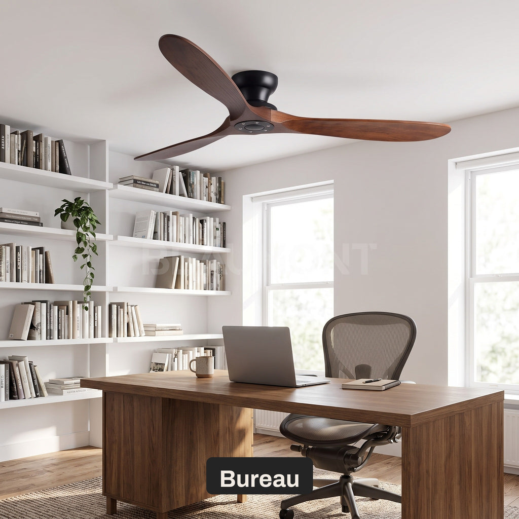 Ventilateur de Plafond en Bois Massif Silencieux Haut de Gamme Sans Lumière LED, Télécommande et Réversible Été/Hiver - Sylvane