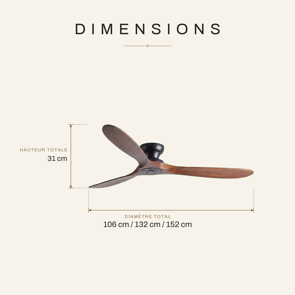 Ventilateur de Plafond en Bois Massif Silencieux Haut de Gamme Sans Lumière LED, Télécommande et Réversible Été/Hiver - Sylvane