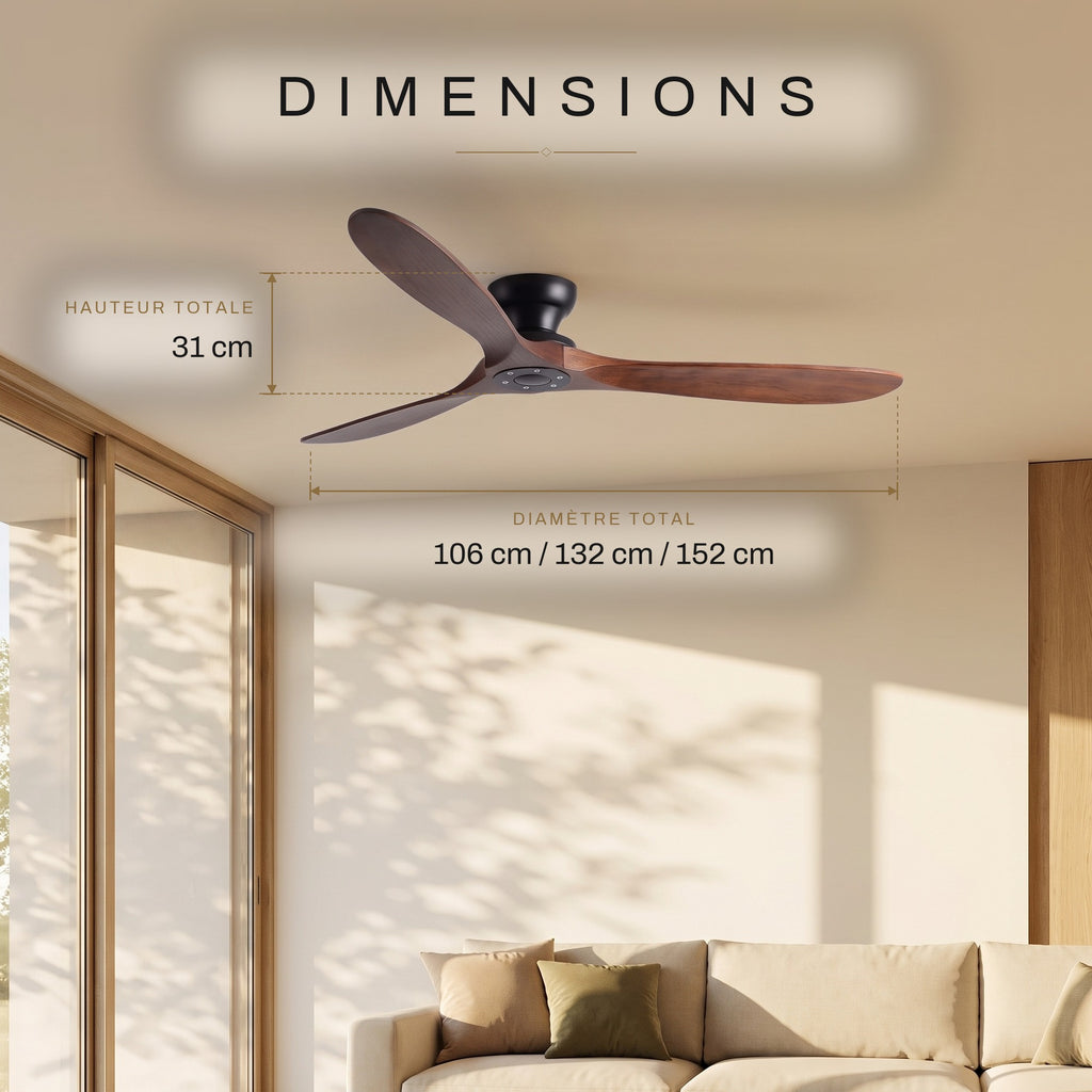 Ventilateur de Plafond en Bois Massif Silencieux Haut de Gamme Sans Lumière LED, Télécommande et Réversible Été/Hiver - Sylvane