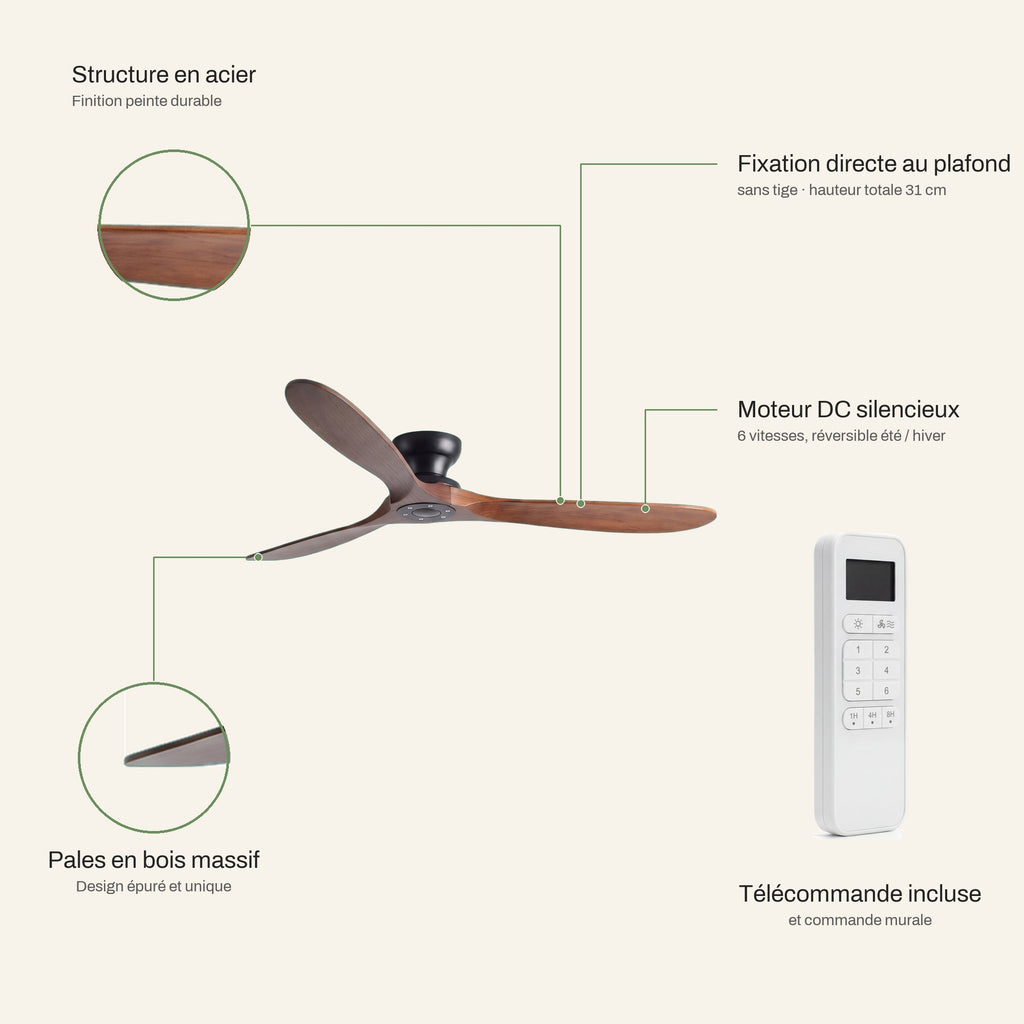 Ventilateur de Plafond en Bois Massif Silencieux Haut de Gamme Sans Lumière LED, Télécommande et Réversible Été/Hiver - Sylvane