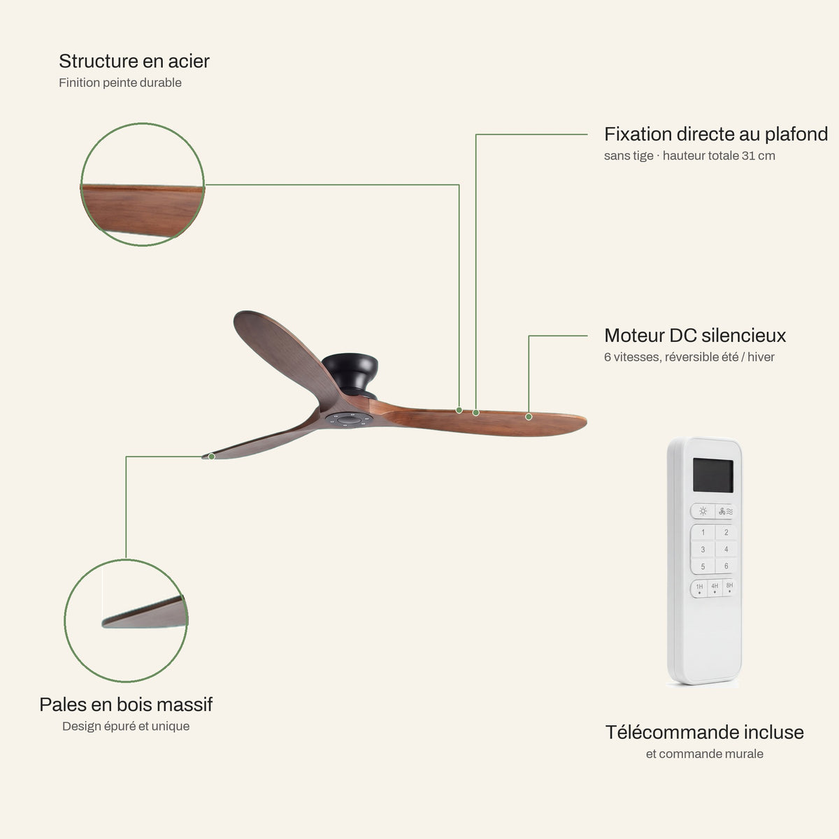 Ventilateur de Plafond en Bois Massif Silencieux Haut de Gamme Sans Lumière LED, Télécommande et Réversible Été/Hiver - Sylvane