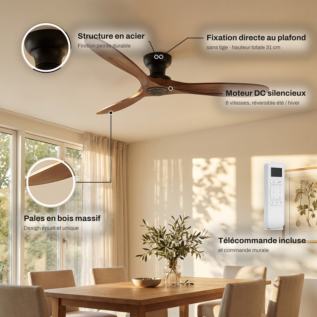 Ventilateur de Plafond en Bois Massif Silencieux Haut de Gamme Sans Lumière LED, Télécommande et Réversible Été/Hiver - Sylvane