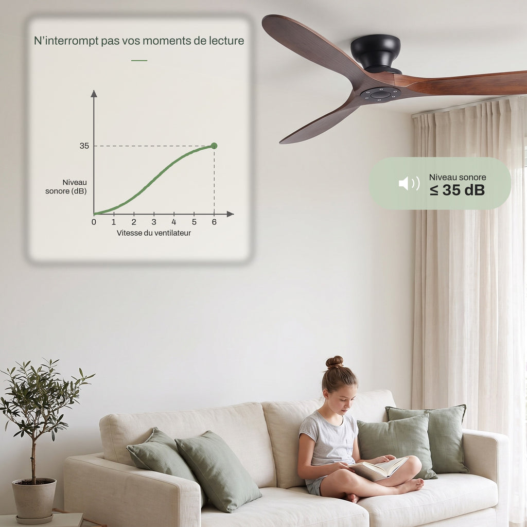 Ventilateur de Plafond en Bois Massif Silencieux Haut de Gamme Sans Lumière LED, Télécommande et Réversible Été/Hiver - Sylvane