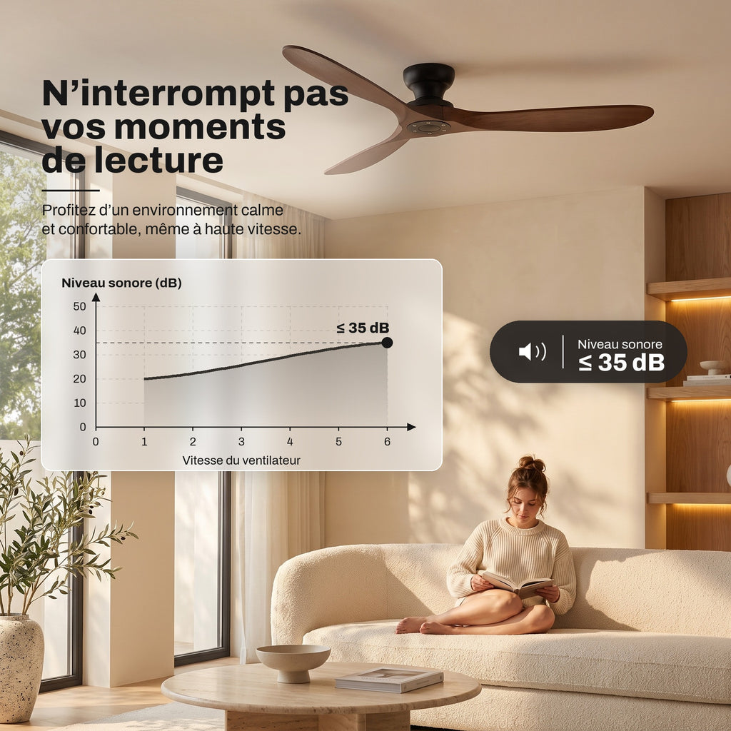 Ventilateur de Plafond en Bois Massif Silencieux Haut de Gamme Sans Lumière LED, Télécommande et Réversible Été/Hiver - Sylvane