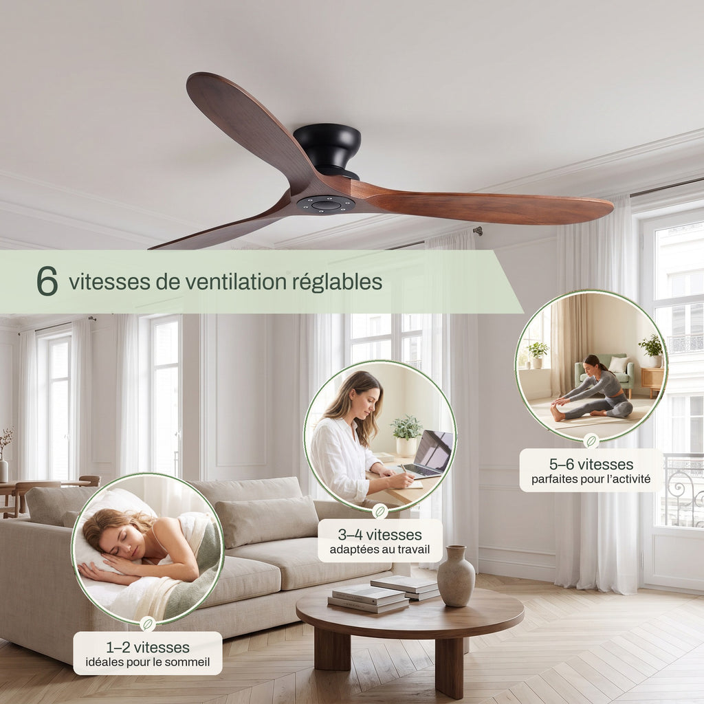 Ventilateur de Plafond en Bois Massif Silencieux Haut de Gamme Sans Lumière LED, Télécommande et Réversible Été/Hiver - Sylvane