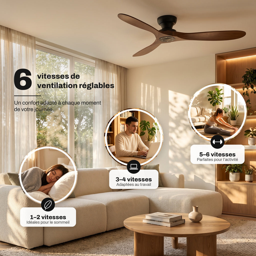 Ventilateur de Plafond en Bois Massif Silencieux Haut de Gamme Sans Lumière LED, Télécommande et Réversible Été/Hiver - Sylvane