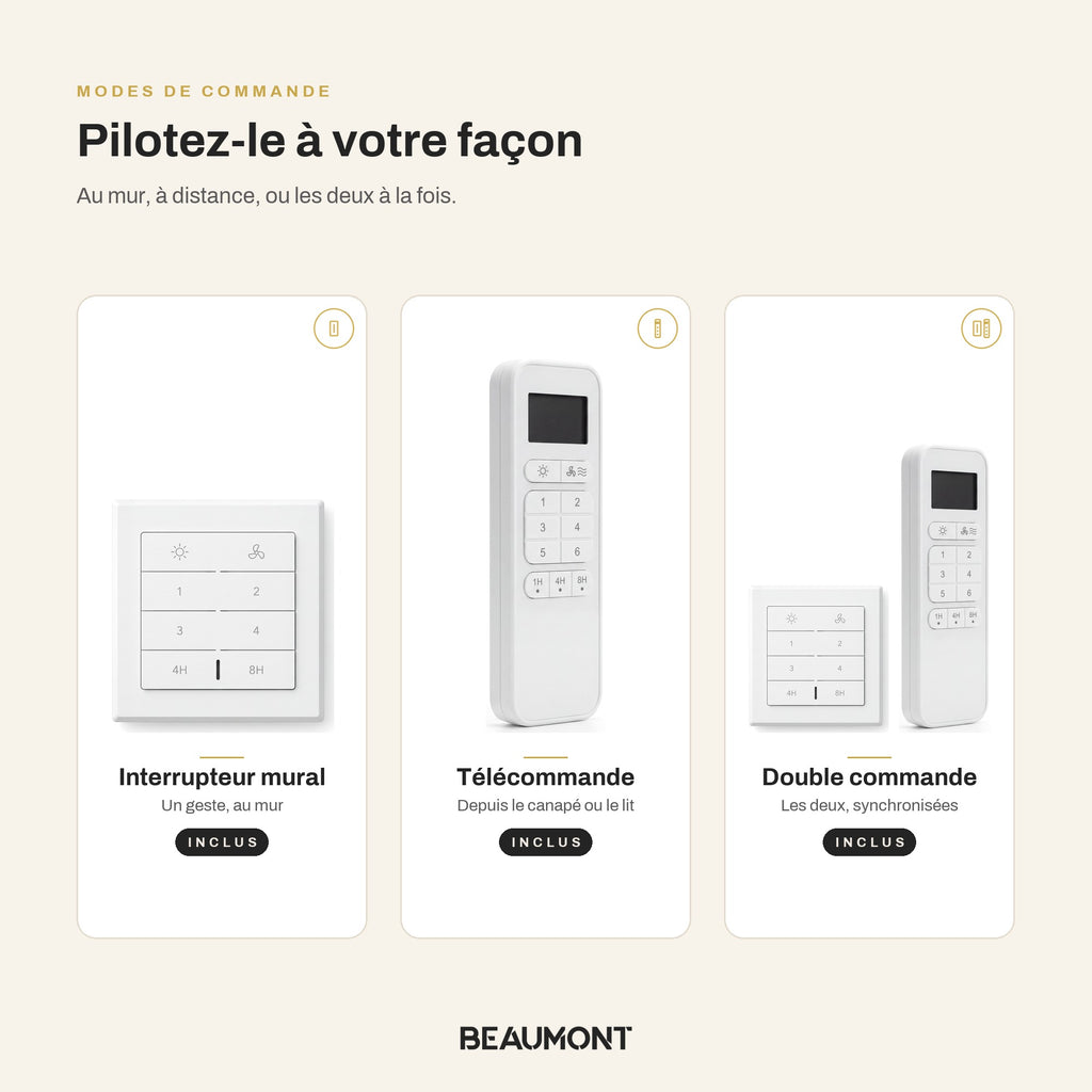 Ventilateur de Plafond en Bois Massif Silencieux Haut de Gamme Sans Lumière LED, Télécommande et Réversible Été/Hiver - Sylvane