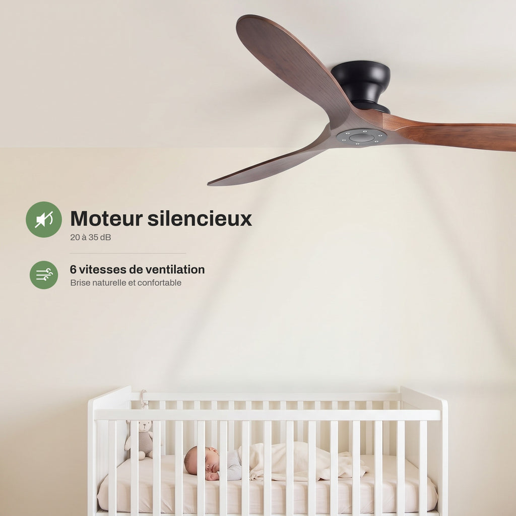 Ventilateur de Plafond en Bois Massif Silencieux Haut de Gamme Sans Lumière LED, Télécommande et Réversible Été/Hiver - Sylvane