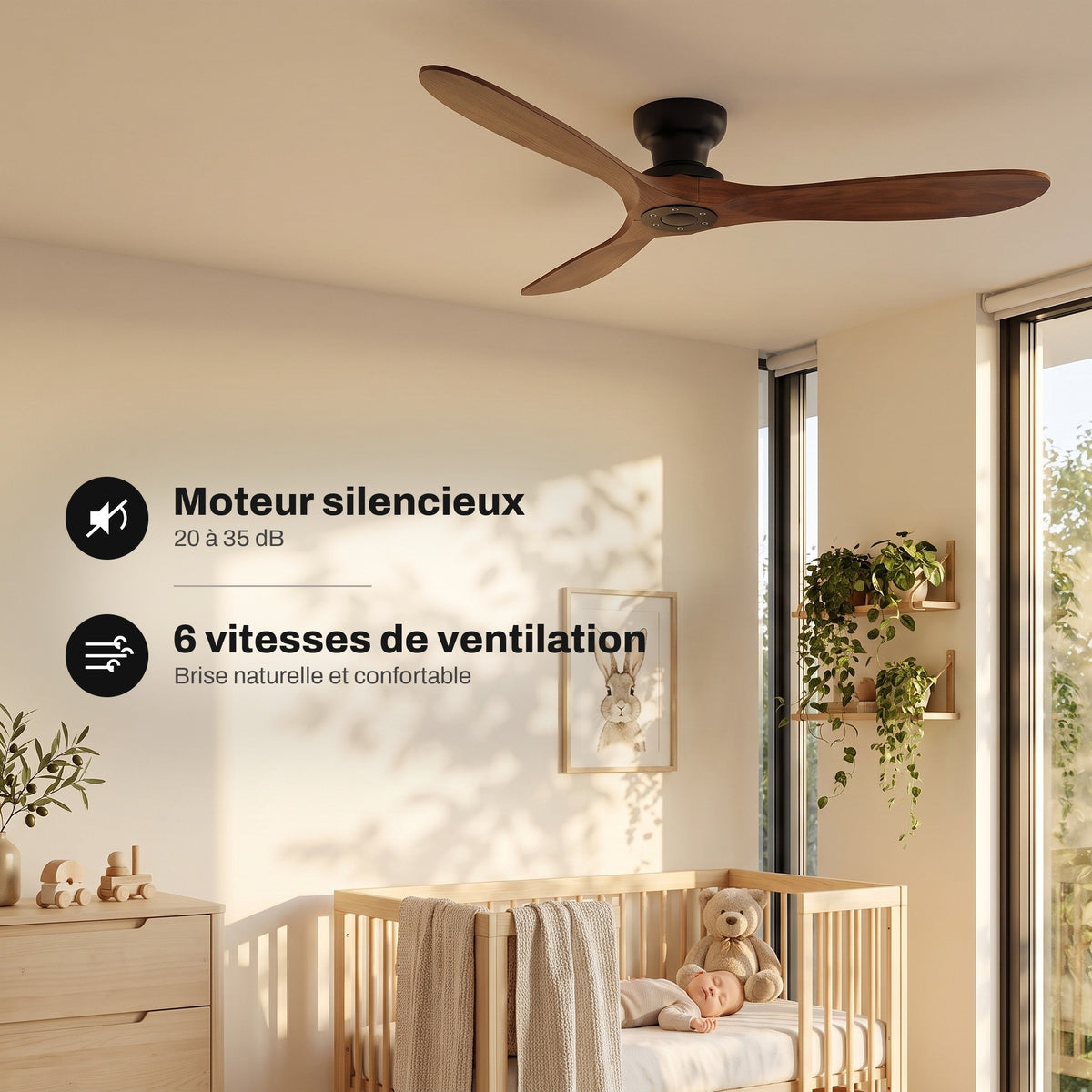 Ventilateur de Plafond en Bois Massif Silencieux Haut de Gamme Sans Lumière LED, Télécommande et Réversible Été/Hiver - Sylvane
