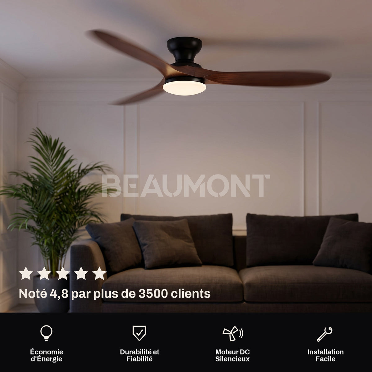 Ventilateur de Plafond en Bois Massif Silencieux Haut de Gamme Avec Lumière LED, Télécommande et Réversible Été/Hiver - Sylvane