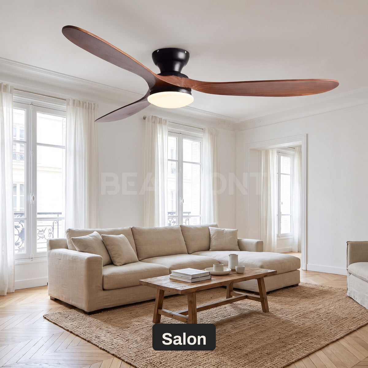Ventilateur de Plafond en Bois Massif Silencieux Haut de Gamme Avec Lumière LED, Télécommande et Réversible Été/Hiver - Sylvane