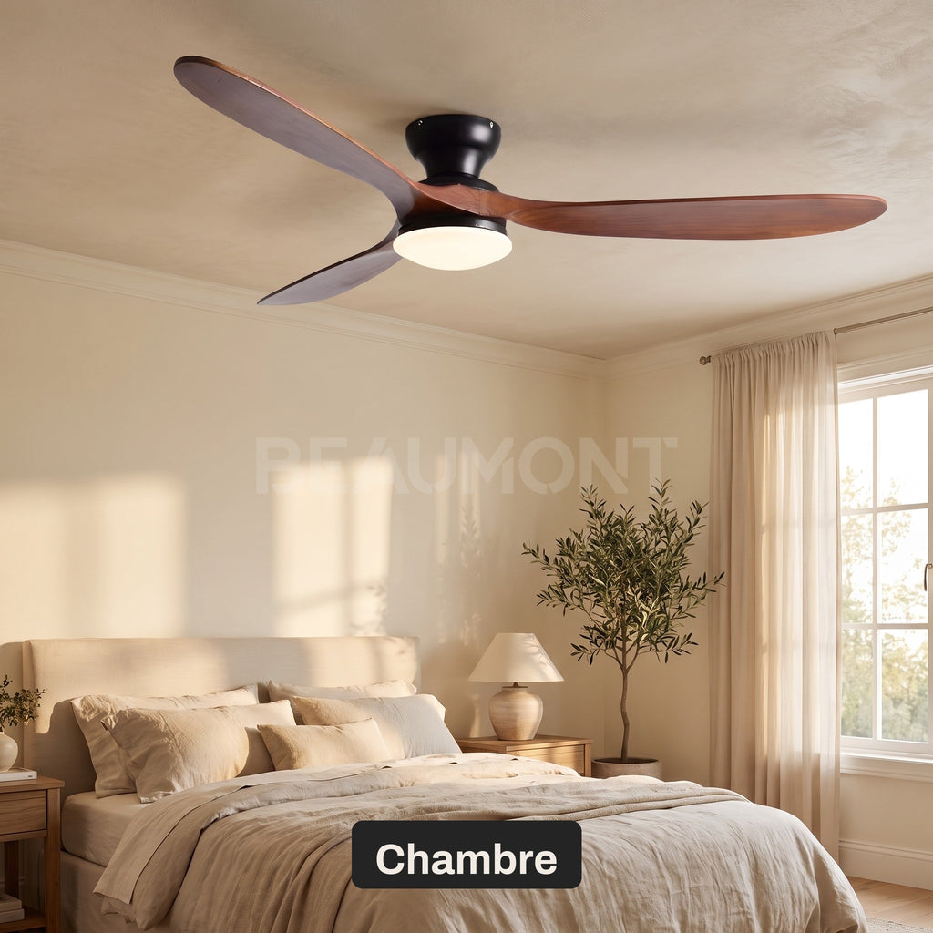 Ventilateur de Plafond en Bois Massif Silencieux Haut de Gamme Avec Lumière LED, Télécommande et Réversible Été/Hiver - Sylvane