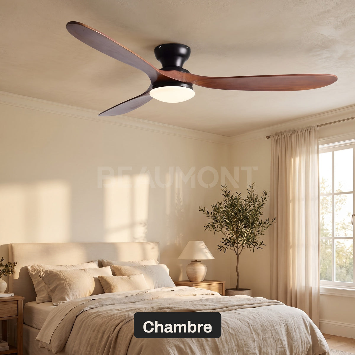 Ventilateur de Plafond en Bois Massif Silencieux Haut de Gamme Avec Lumière LED, Télécommande et Réversible Été/Hiver - Sylvane
