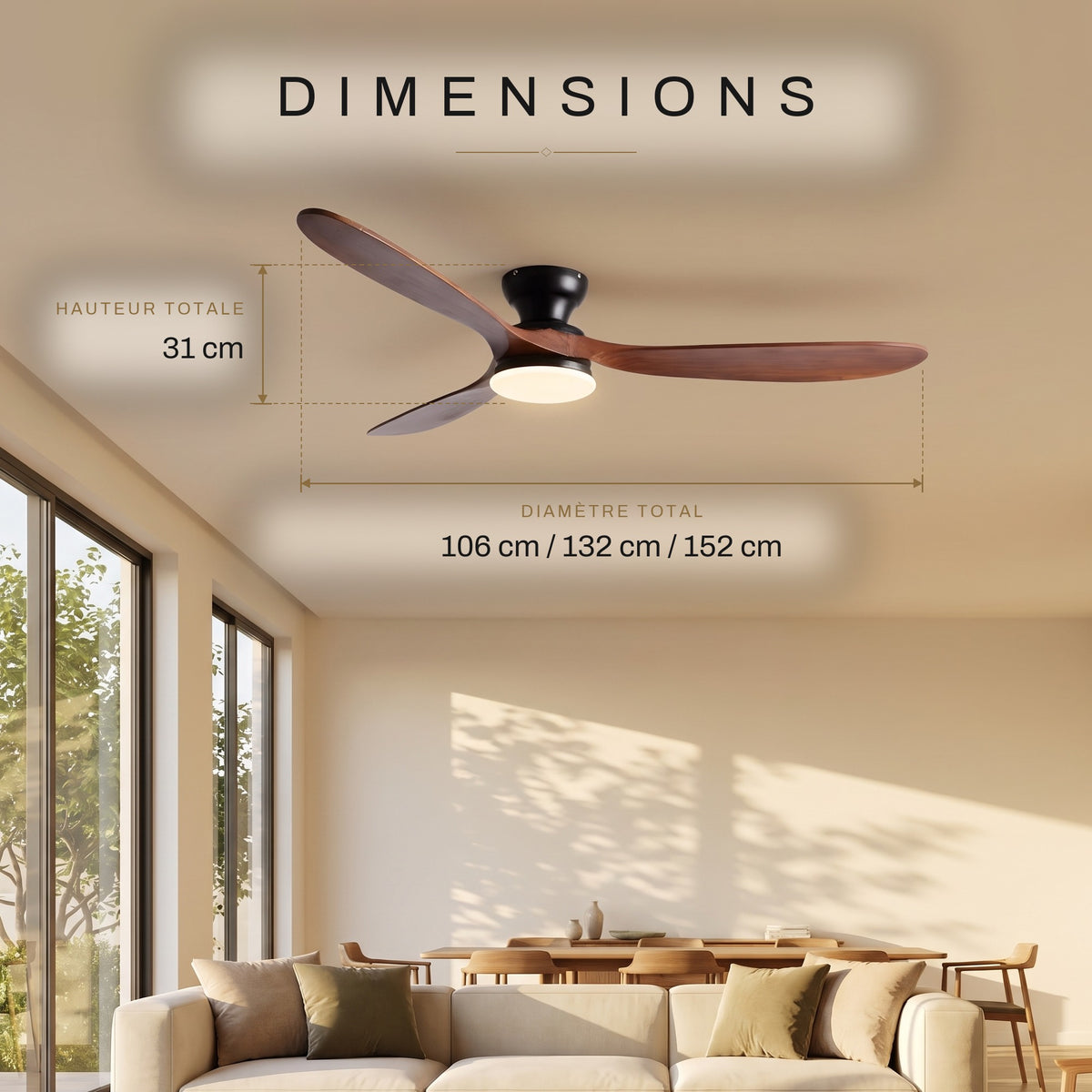 Ventilateur de Plafond en Bois Massif Silencieux Haut de Gamme Avec Lumière LED, Télécommande et Réversible Été/Hiver - Sylvane