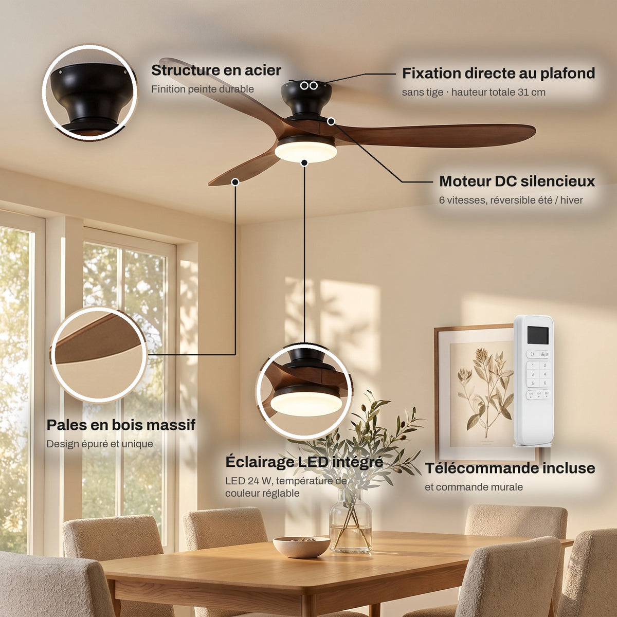 Ventilateur de Plafond en Bois Massif Silencieux Haut de Gamme Avec Lumière LED, Télécommande et Réversible Été/Hiver - Sylvane