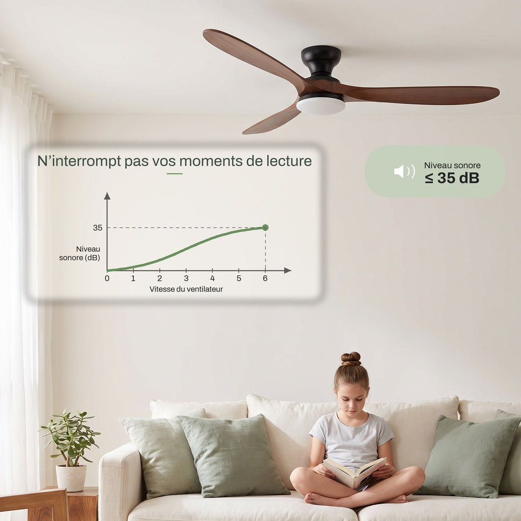 Ventilateur de Plafond en Bois Massif Silencieux Haut de Gamme Avec Lumière LED, Télécommande et Réversible Été/Hiver - Sylvane