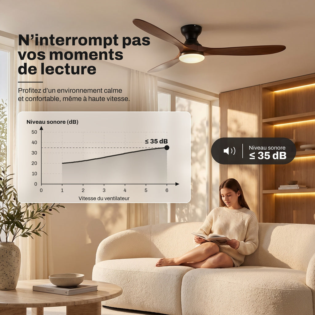Ventilateur de Plafond en Bois Massif Silencieux Haut de Gamme Avec Lumière LED, Télécommande et Réversible Été/Hiver - Sylvane