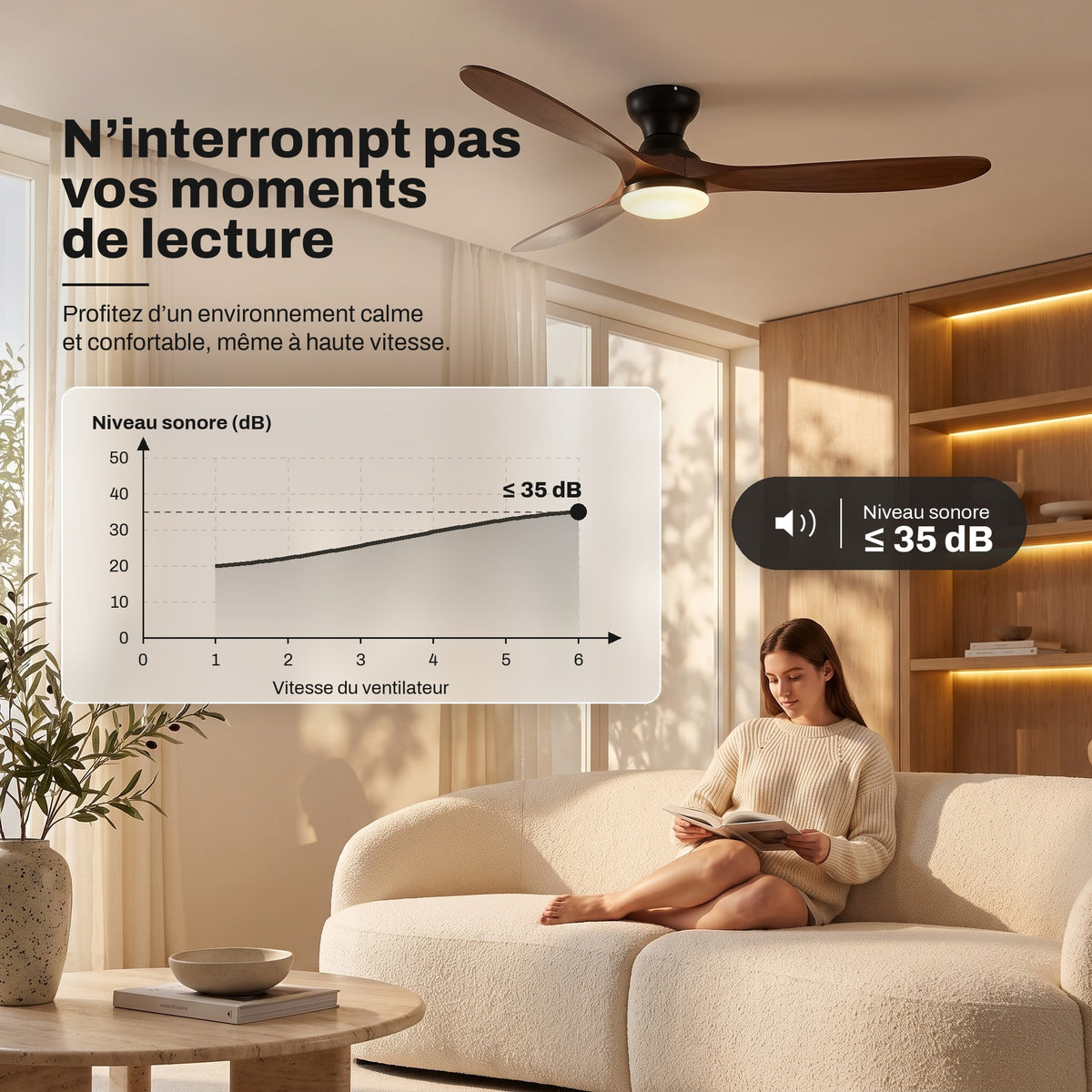 Ventilateur de Plafond en Bois Massif Silencieux Haut de Gamme Avec Lumière LED, Télécommande et Réversible Été/Hiver - Sylvane