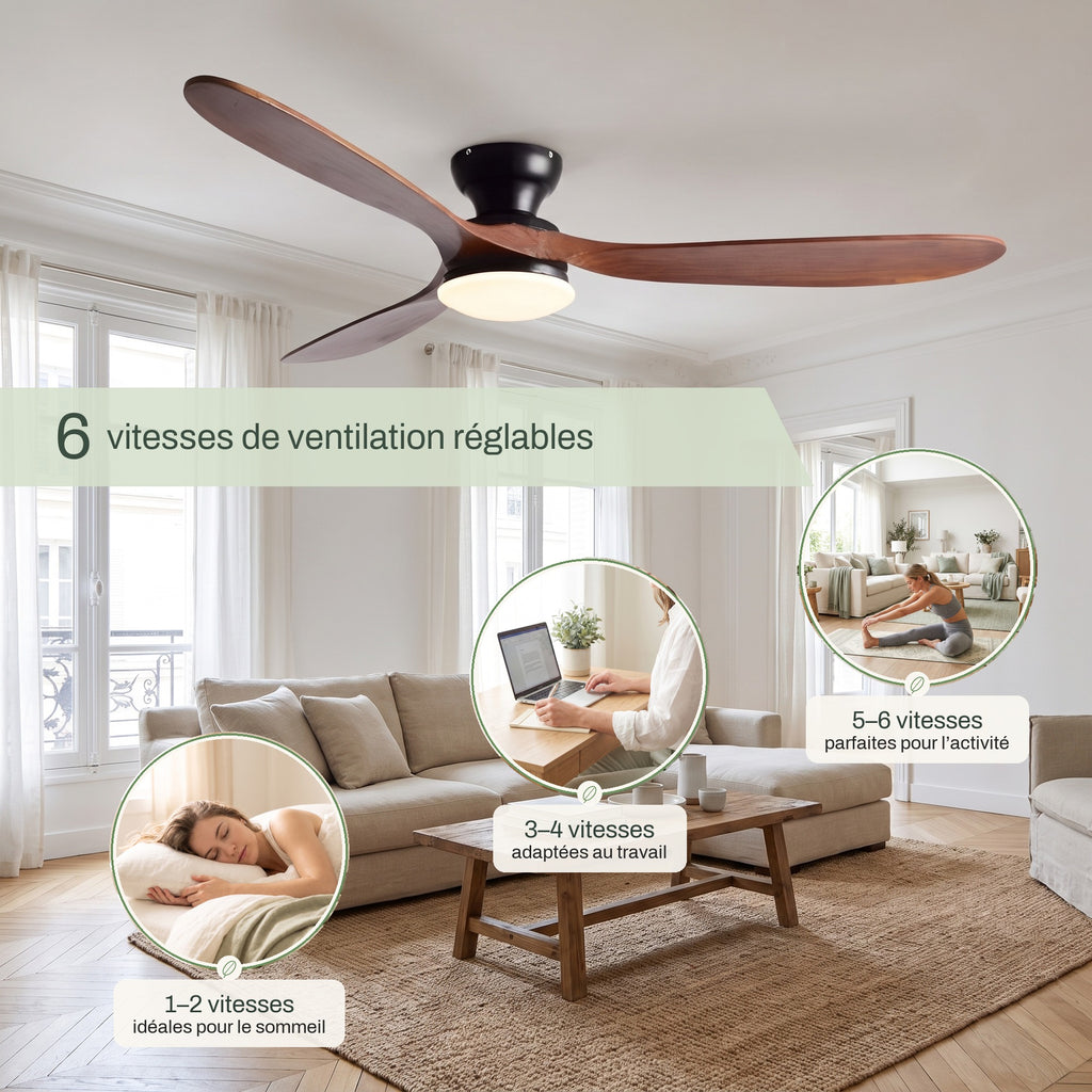 Ventilateur de Plafond en Bois Massif Silencieux Haut de Gamme Avec Lumière LED, Télécommande et Réversible Été/Hiver - Sylvane